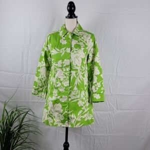 Joe Fresh Size XS Bright Lime Green Floral Print Swing Coat, Gently Used Cond.